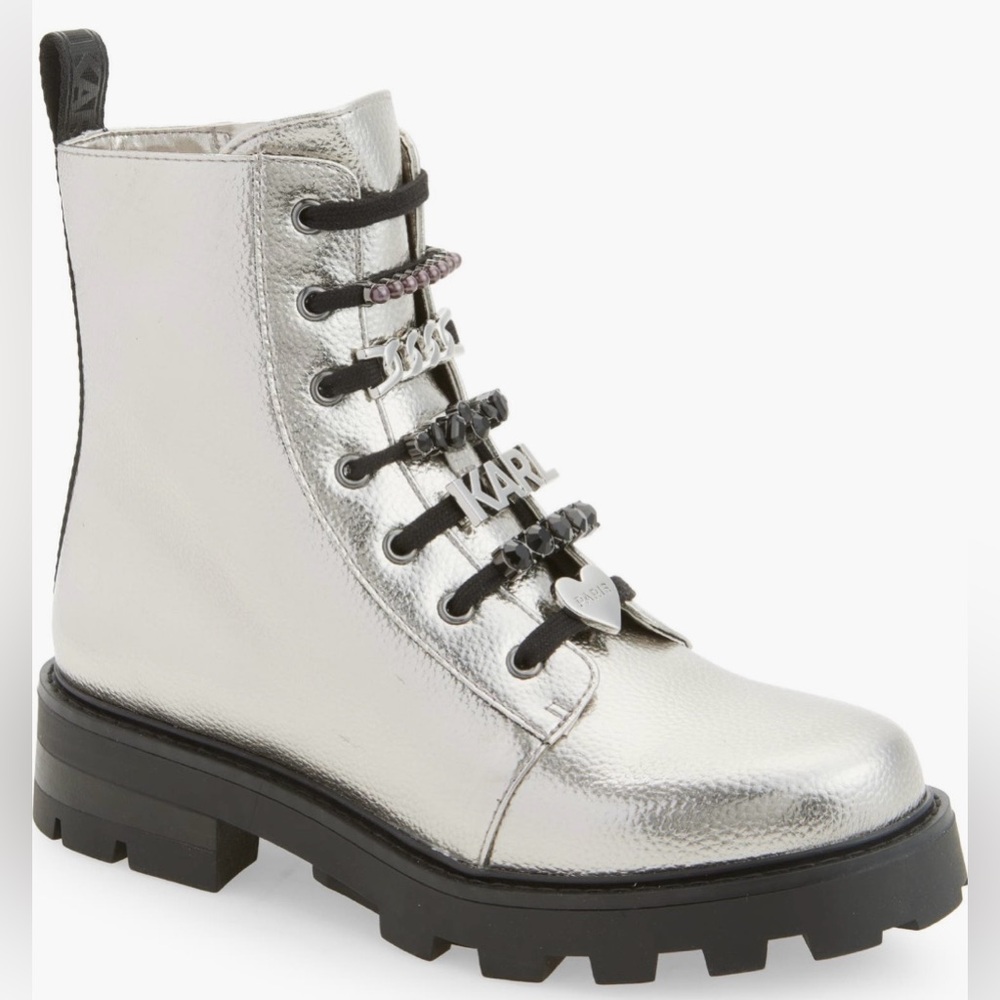 🟠NWT KARL LAGERFELD PARIS Women’s Mela Lug Sole Boot in Pewter